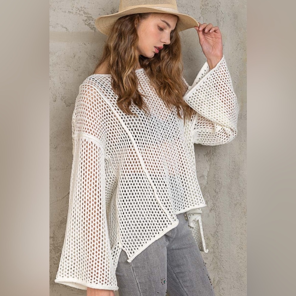 POL White Loose Knit Long Sleeve Pullover Sweater or Swim Coverup